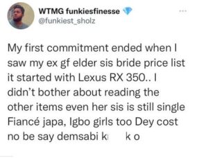  Man dumps Igbo fiancee as In-Laws demand Lexus Jeep in Bride Price list
